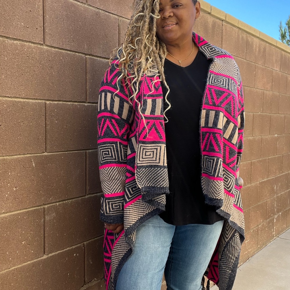 Pink Mixed Abstract Fringe Cardigan